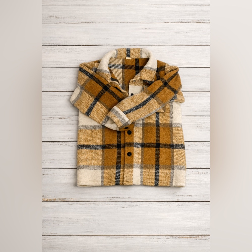 SHEIN Kids Plaid Shacket‎ Jacket Camel Cream Black | Cozy Button Front | Size 4Y